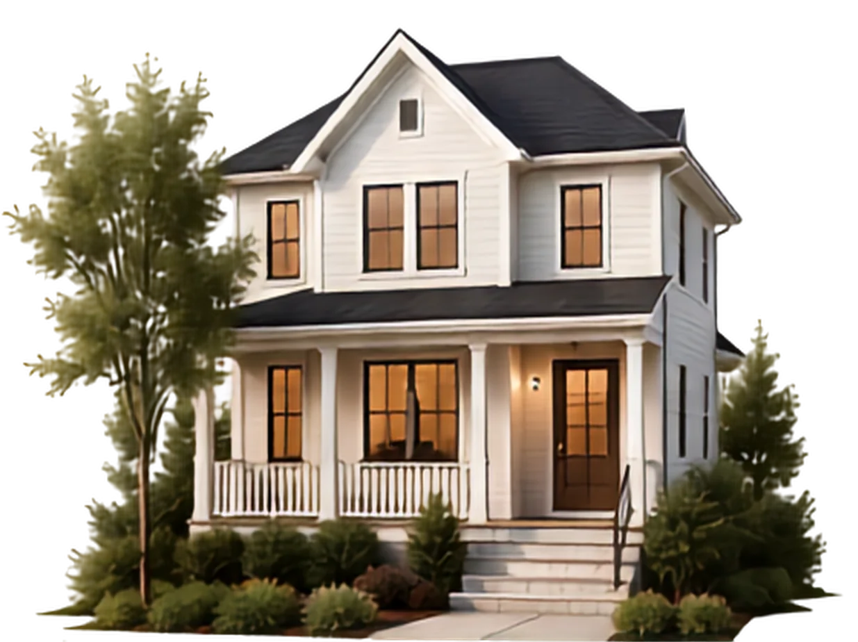 White two-story farmhouse with a covered front porch